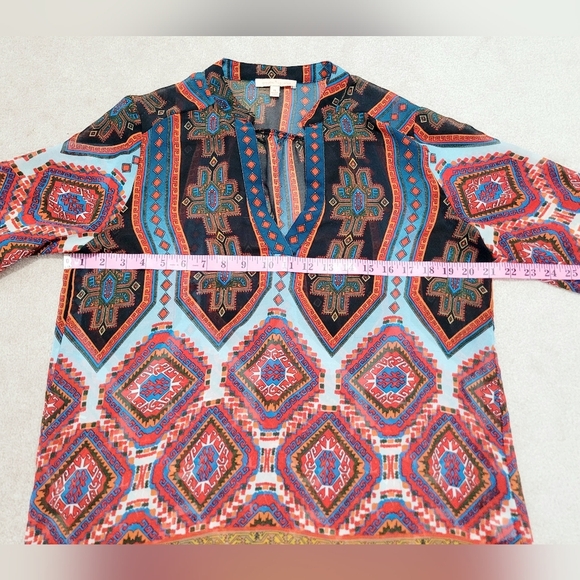 Gibson Latimer Women’s Tunic Top Medium Boho Geometric Print 3/4 Sleeve Sheer - Picture 8 of 11